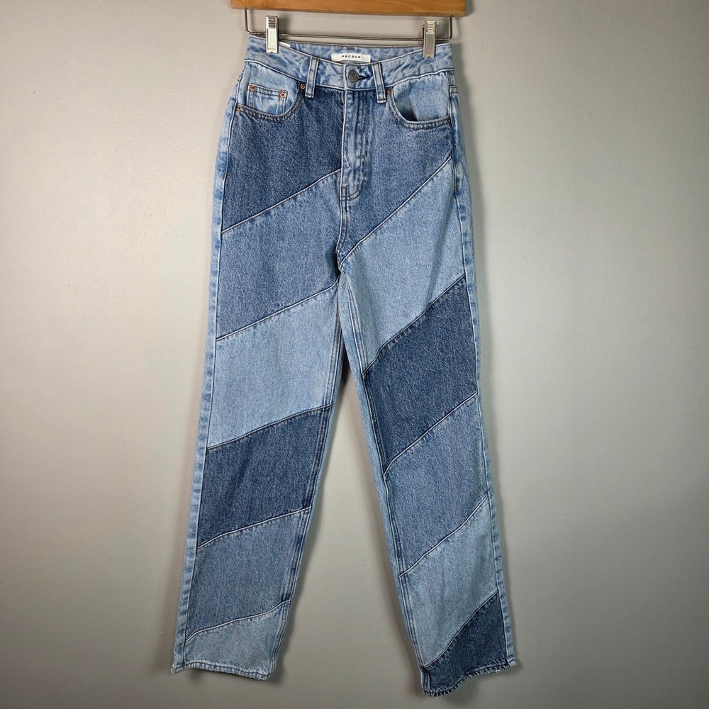 PacSun Patchwork Straight Leg Jeans Women 24 Blue Excellent Y2K Retro Denim
